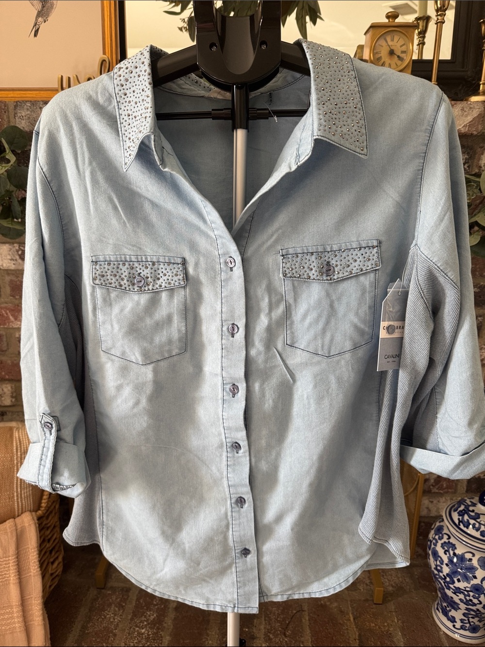 Cavalini Light Blue Button-Down Shirt with Studded Collar 3X new!